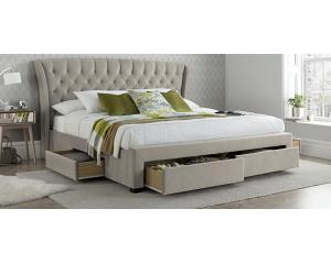 4ft6 Double Curved,buttoned,tall head end. Natural stone fabric upholstered drawer storage bed