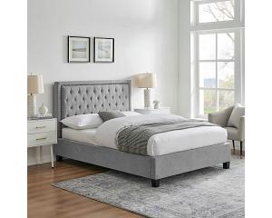 5ft King Size Raya Button back, Light grey fabric upholstered bed frame. Soft velvet bedstead