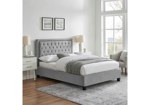 5ft King Size Raya Button back, Light grey fabric upholstered bed frame. Soft velvet bedstead 1